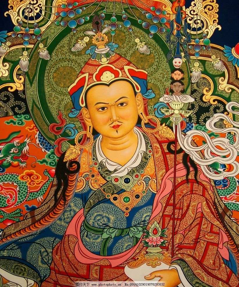 Pema Jungne wearing the Liberation Hat, seated on a lotus, symbolizing his fire-born rebirth and royal empowerment