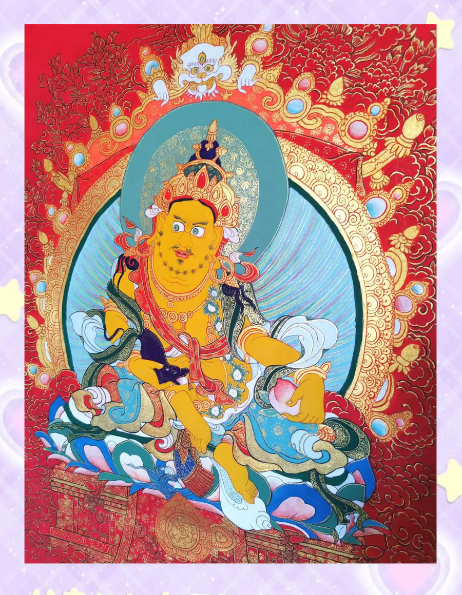 Yellow Jambhala thangka art displaying wealth deity in vibrant colors with intricate details.