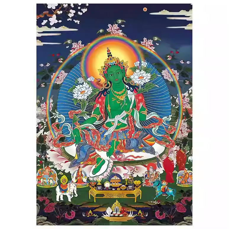 Green Tara seated in lotus posture with extended leg, offering protection and compassion in Tibetan thangka art