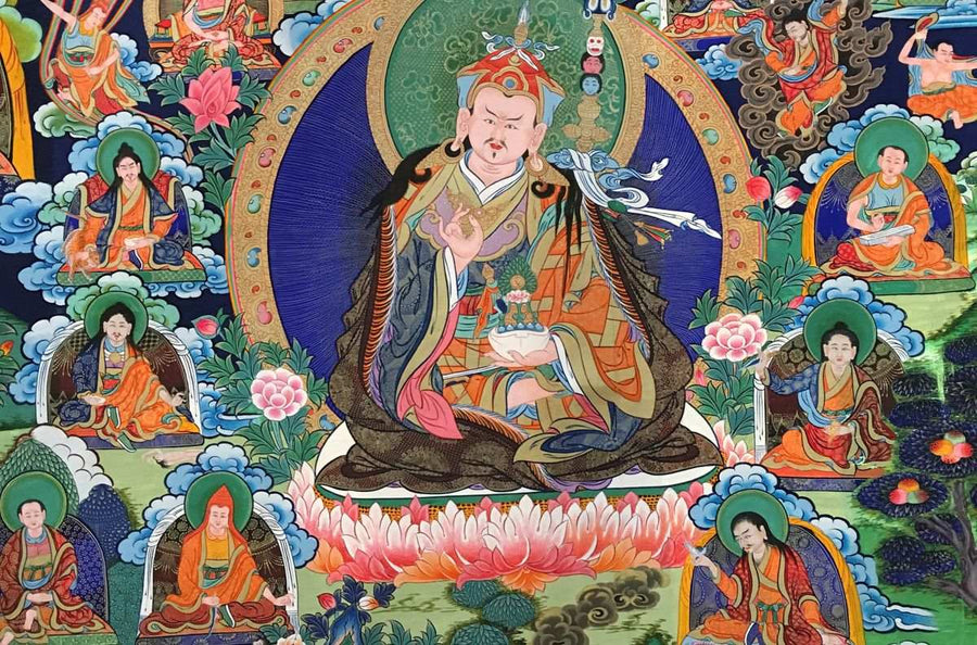 Pema Jungne seated in royal ease, hand-painted Thangka image radiating peaceful wisdom