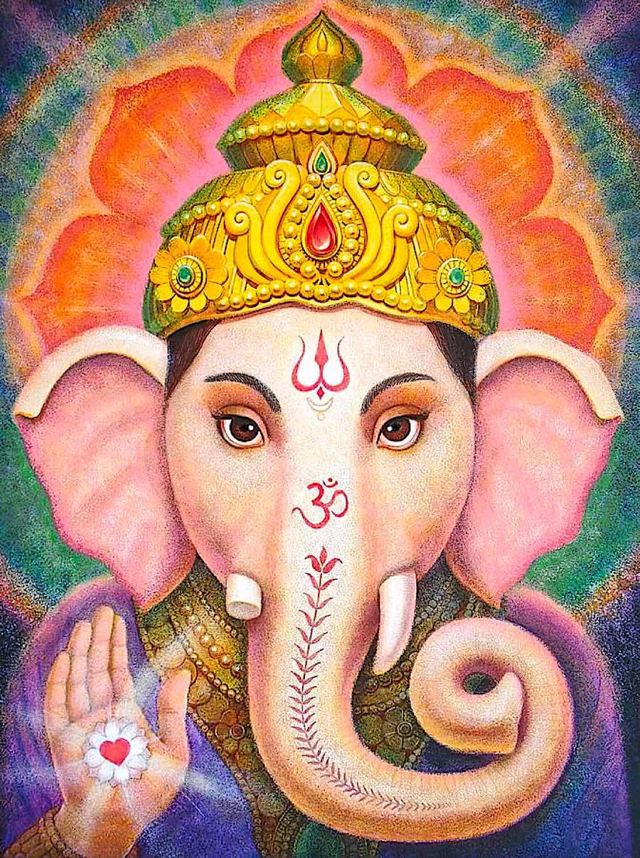 Buddhist Ganesha or Ganapati in red form with elephant head, holding ritual implements, symbolizing the removal of obstacles i