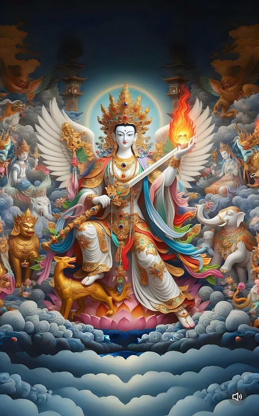 Akasagarbha Bodhisattva depicted with vibrant colors, holding a sword of wisdom and surrounded by mythical symbols, representing spiritual wisdom and wealth.