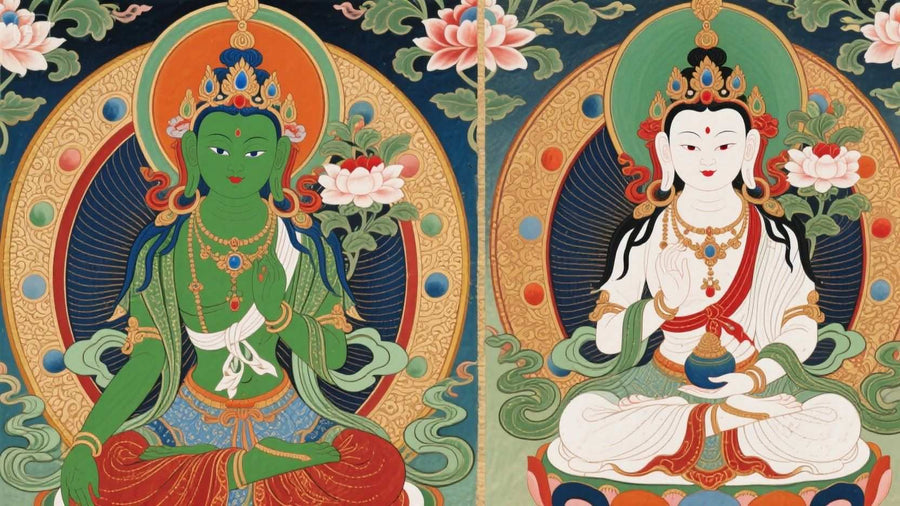 Side-by-side depiction of Green Tara and White Tara Thangka pendants, Green Tara vs White Tara