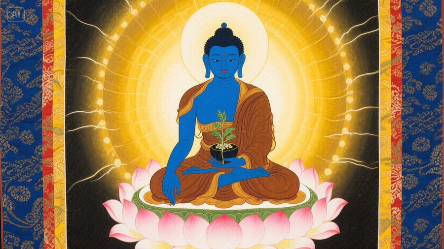 Medicine Buddha Thangka painting featuring a seated blue Buddha holding a healing herb, surrounded by lotus petals and radiant