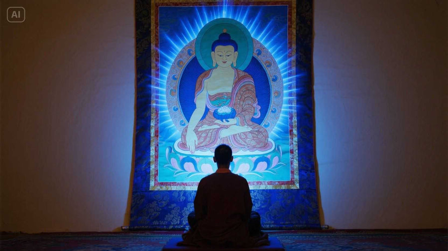 Meditating in front of a hand-painted Medicine Buddha Thangka, blue light radiating from the Buddha’s body as the practitioner