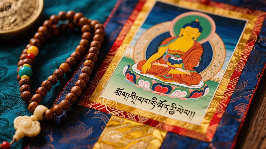Close-up of prayer beads beside a Medicine Buddha Thangka with the mantra written in Tibetan script below.