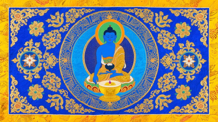 A traditional Tibetan thangka medicine buddha with vibrant lapis lazuli tones and golden healing bowl, surrounded by a heal