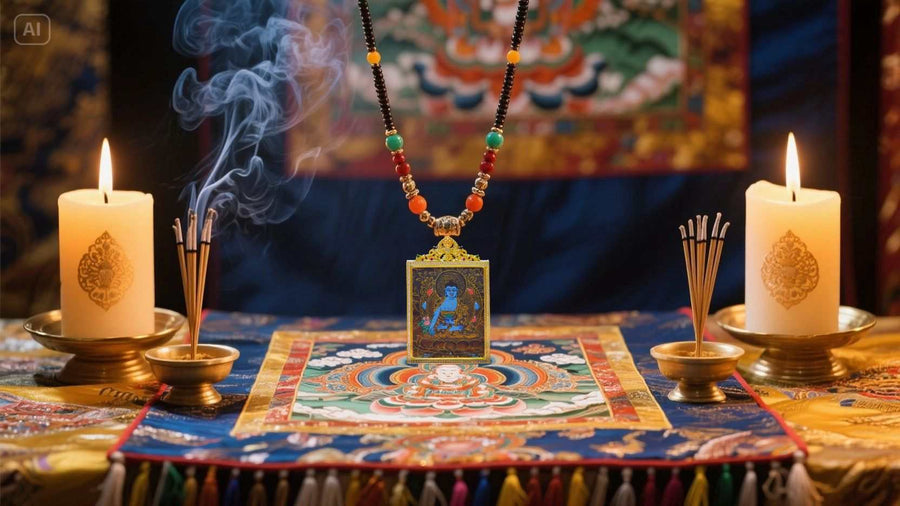 Home altar setup with Medicine Buddha Thangka and candles