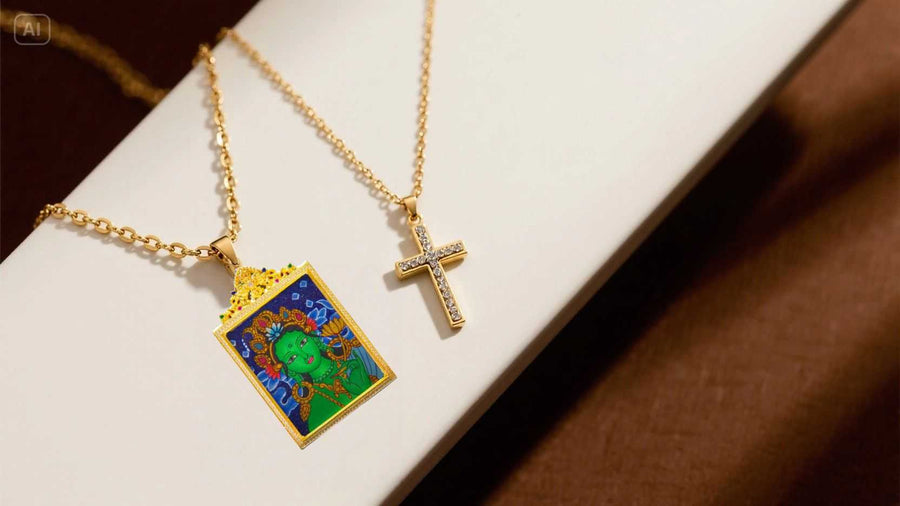 Gold Buddha necklace next to a cross pendant in modern spiritual jewelry trend