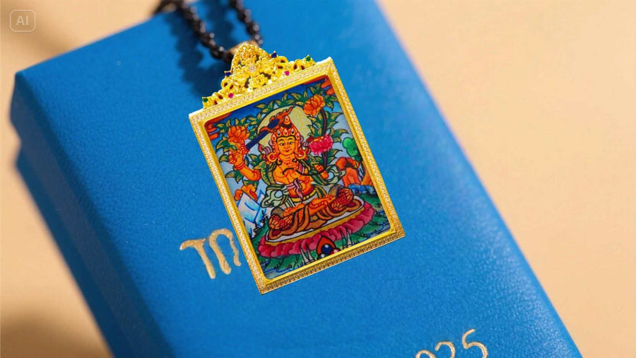 Hand-painted Tibetan Thangka pendant necklace with spiritual symbolism