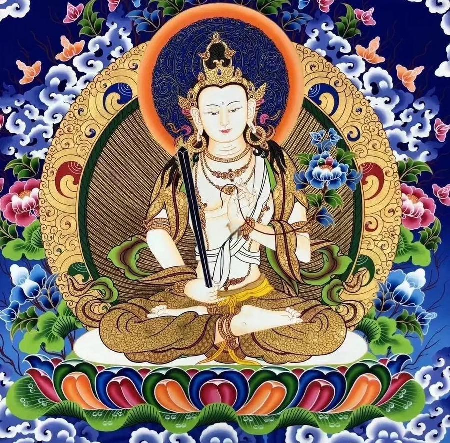 Hand-painted Tibetan Thangka painting displayed as spiritual art and investment