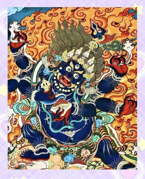 Mahakala thangka with flaming aura and multiple arms, symbolizing protection and spiritual transformation in Tibetan Buddhism.