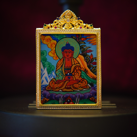 Hand-painted Amitabha Buddha Thangka pendant featuring serene meditative posture, Tibetan Buddhist art.