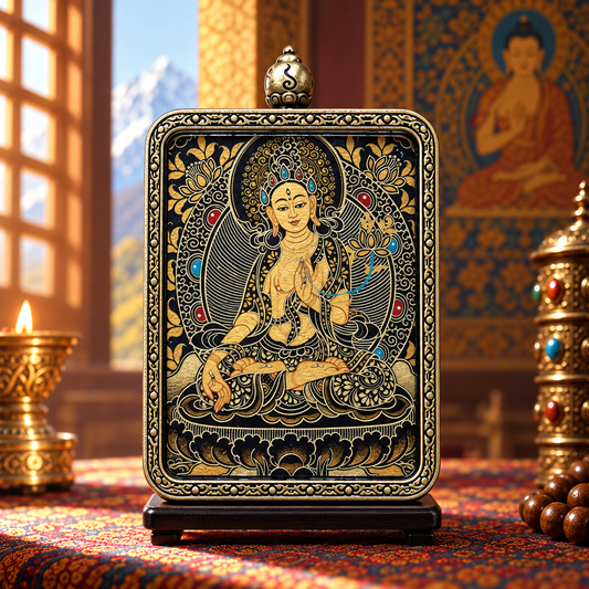 White Tara miniature Thangka with intricate black and gold Buddhist artwork