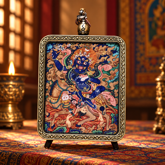 Blue wrathful Palden Lhamo protector in Tibetan Buddhist Thangka art
