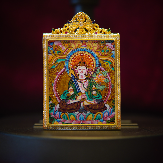 Handcrafted Akasagarbha Bodhisattva Necklace featuring a celestial thangka pendant with vibrant colors, symbolizing wisdom and spiritual awakening.