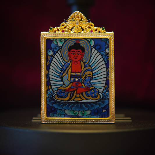 Amitabha Buddha Thangka pendant in gold frame featuring hand-painted sacred imagery and vibrant spiritual symbolism.