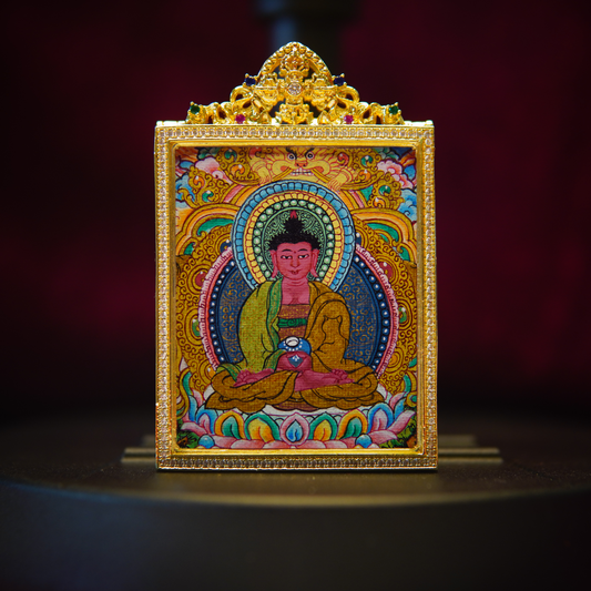 Authentic Amitabha Buddha thangka pendant with vibrant colors and intricate detailing, showcasing Tibetan spiritual symbolism.