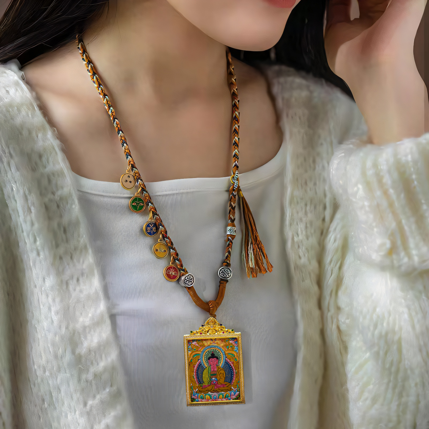 Authentic Amitabha Buddha Thangka Pendant featuring Tibetan enlightenment design for spiritual seekers, adorned with vibrant colors and intricate details.