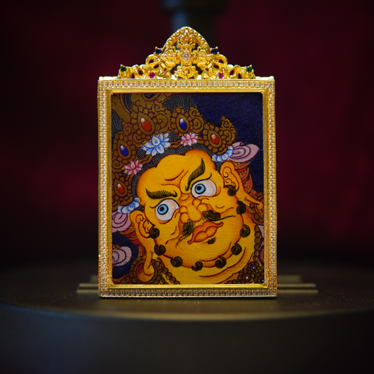 Handmade Yellow Jambhala Buddha Necklace with gemstones, gold frame, Tibetan Buddhist art.