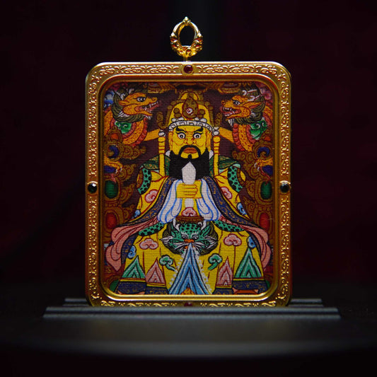 Hand-painted Dragon King Bodhisattva Thangka pendant with dragons, vibrant colors, and ornate golden frame.