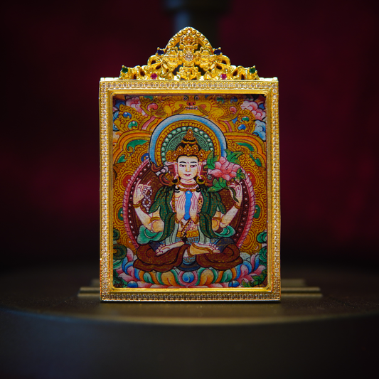 Avalokiteshvara Thangka Pendant - Gemstone-Studded Buddhist Art