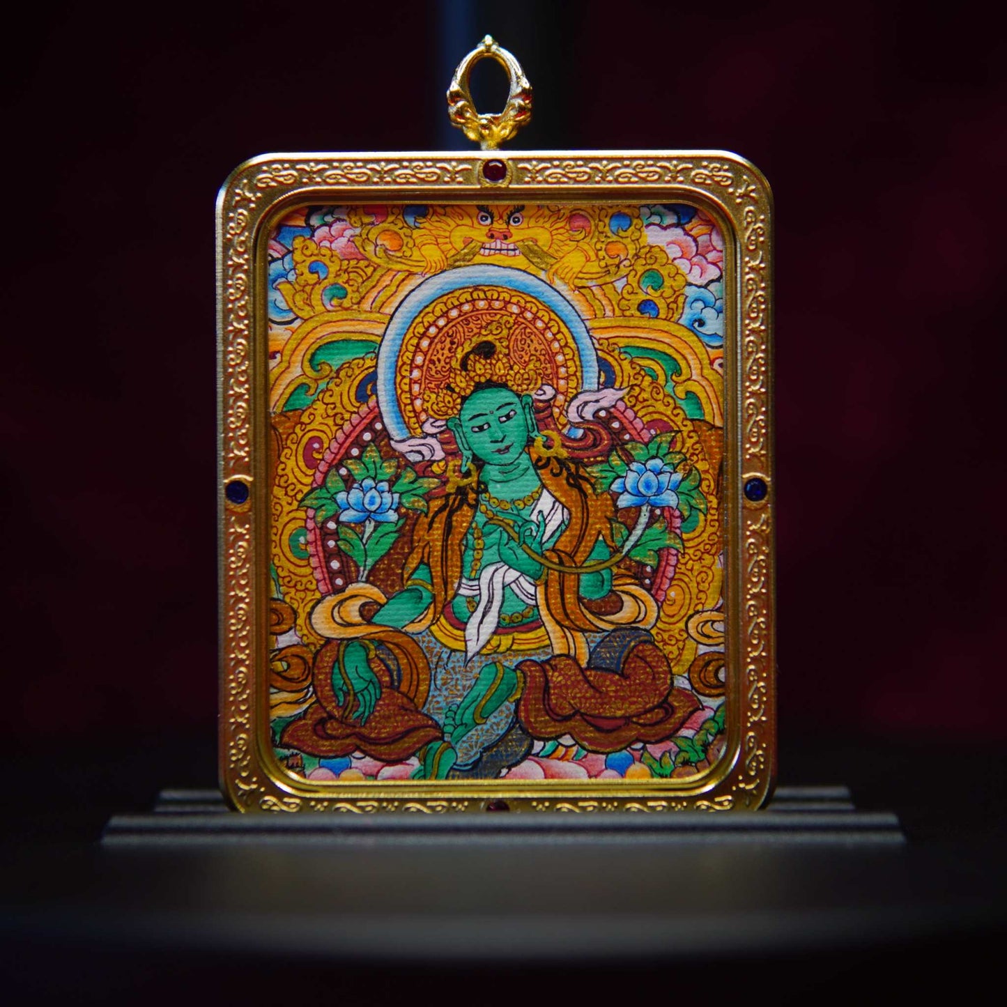 Authentic Green Buddha Goddess Necklace featuring Green Tara in intricate hand-painted design, symbolizing feminine empowerment and emotional healing.