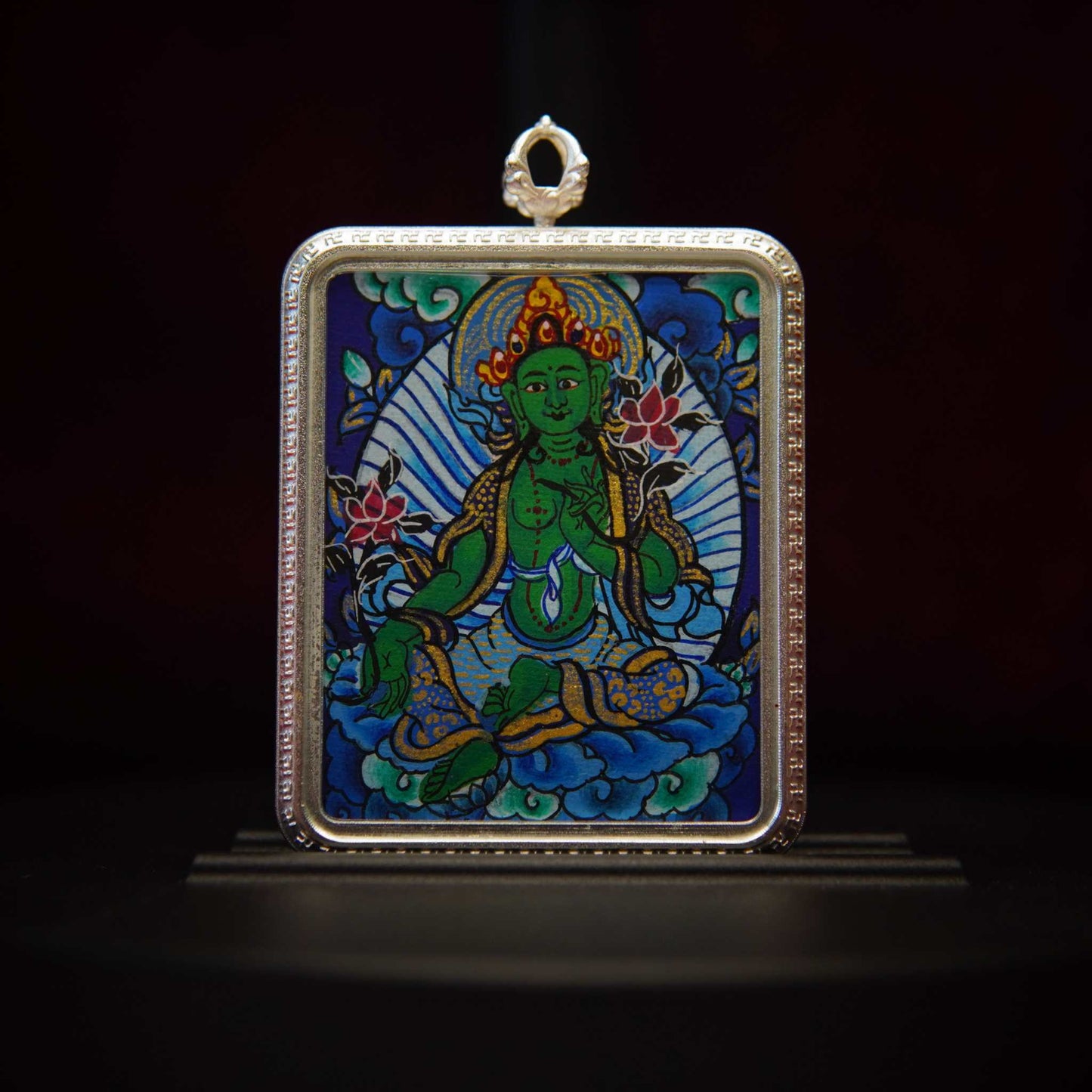 Authentic Green Tara Thangka Pendant Necklace depicting Buddhist goddess of compassion with intricate hand-painted details and divine adornments.