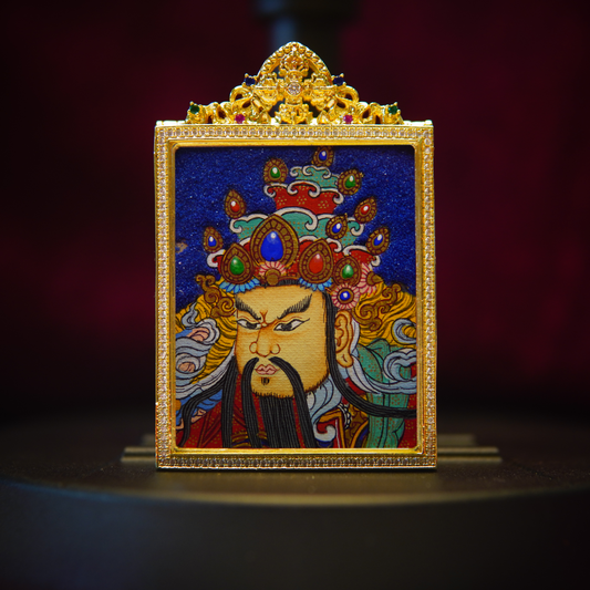 Guan Gong Thangka Pendant Necklace with gold frame on deep blue background featuring intricate hand-painted details.