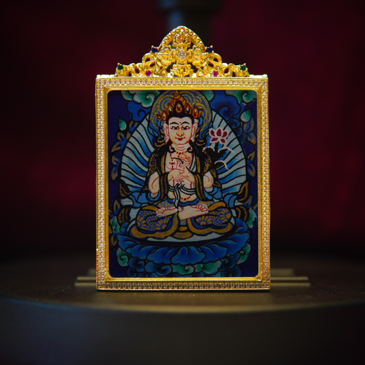 Mahasthamaprapta Bodhisattva Thangka Pendant with golden halo and intricate design, symbolizing wisdom and spiritual power.