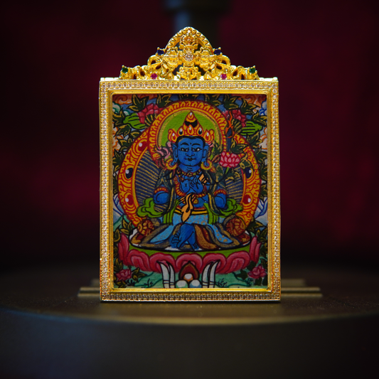 Mahasthamaprapta Bodhisattva Thangka Necklace with intricate gold filigree, hand-painted sapphire-blue deity, golden halo, seated on lotus throne, emblem of spiritual and cultural mastery.