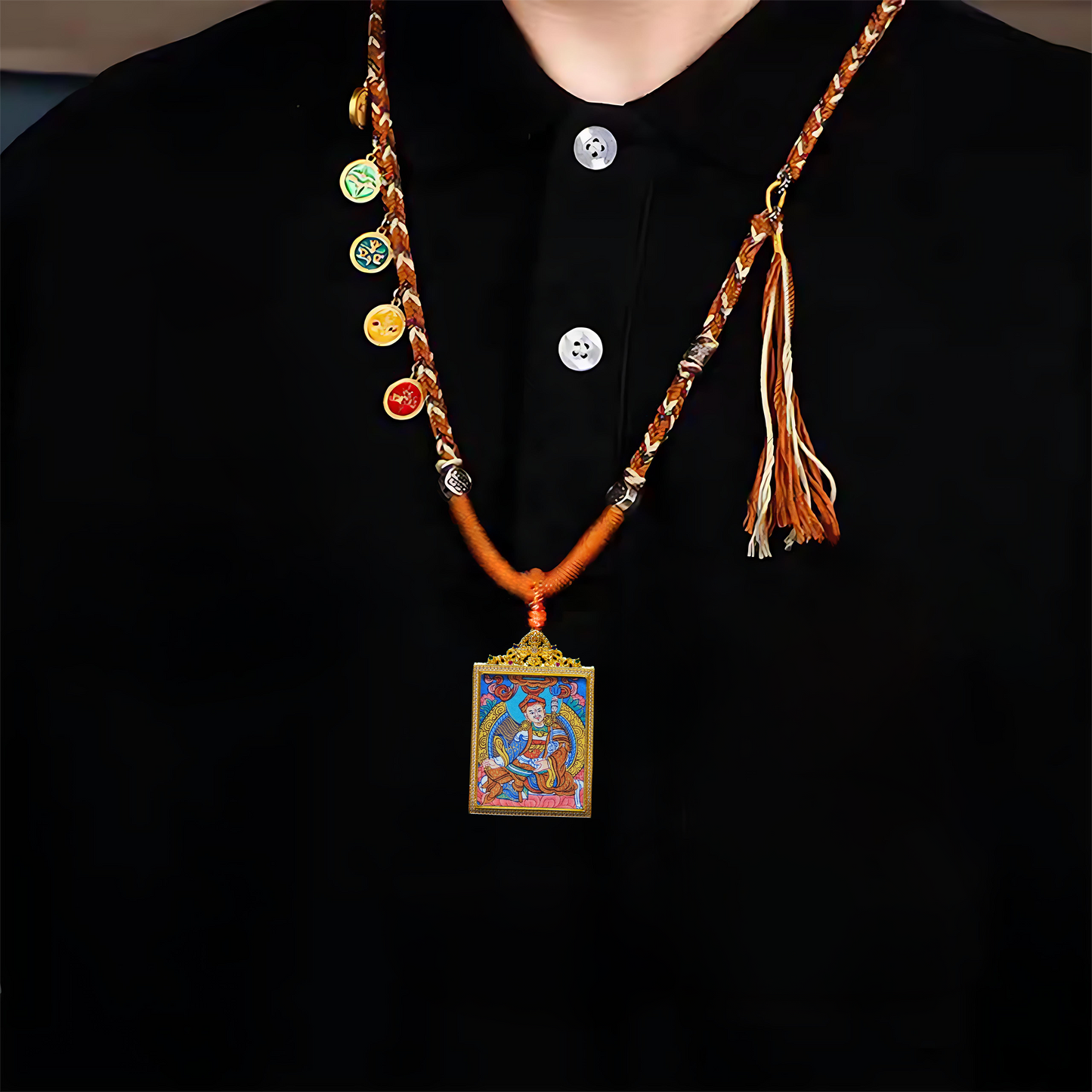 Tibetan Guru Rinpoche Pema Jungne Thangka pendant with golden frame – spiritual Buddhist amulet necklace