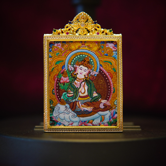 Hand-painted Samantabhadra Bodhisattva Thangka pendant showcasing intricate Himalayan artistry, featuring a gold-plated frame with vibrant colors and symbolic imagery.