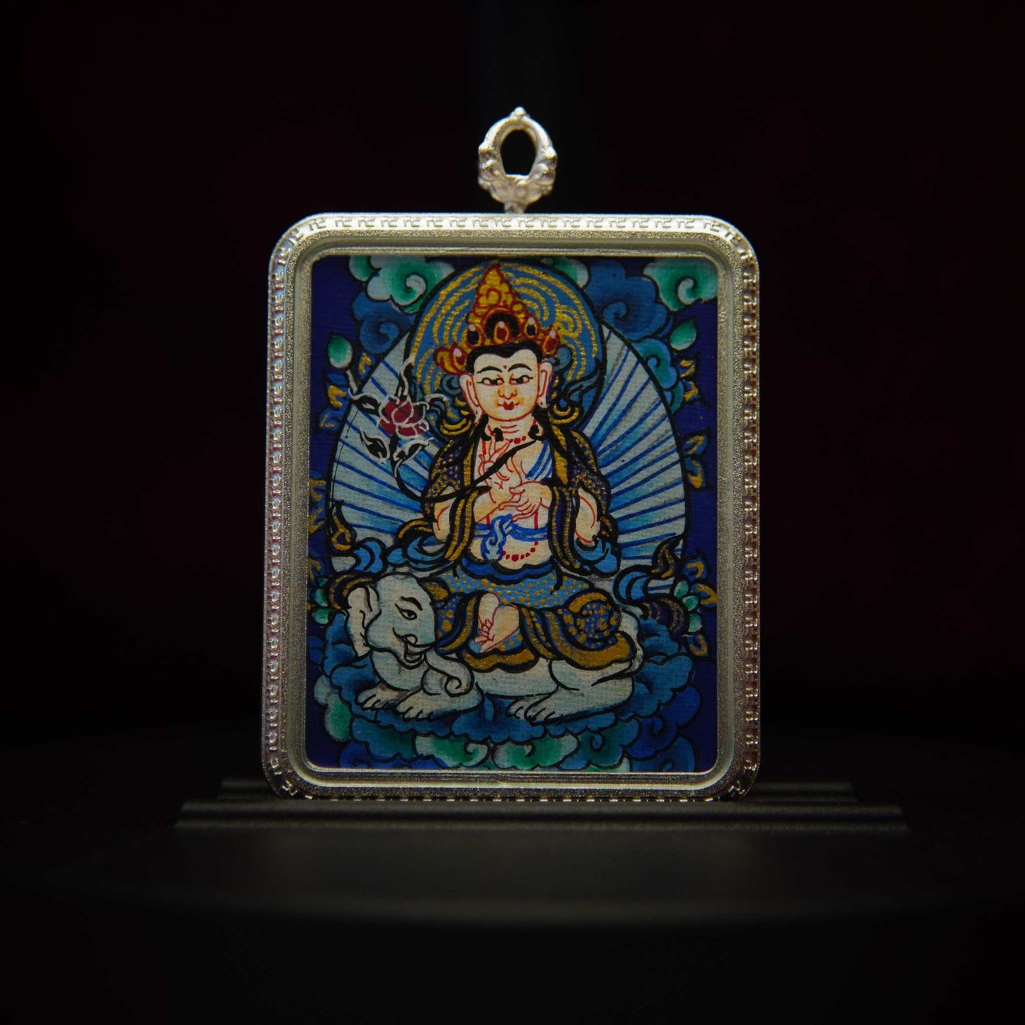 Samantabhadra Bodhisattva Thangka Pendant Necklace featuring intricate hand-painted Buddhist art with turquoise and gold details.