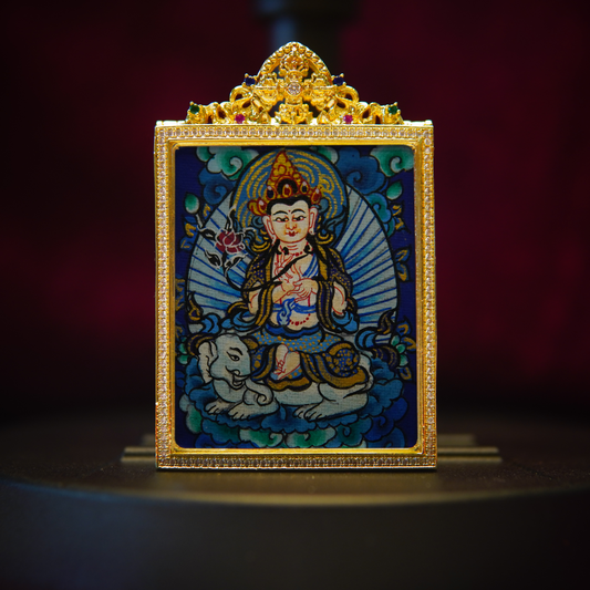 Samantabhadra Bodhisattva Thangka pendant necklace depicting wisdom and compassion, featuring a Bodhisattva atop a six-tusked elephant with vibrant detailing.