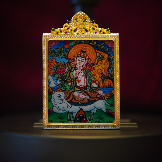 Hand-painted Samantabhadra Bodhisattva Thangka pendant with gold setting, depicting Bodhisattva on an elephant with lotus, symbolizing compassion and wisdom in Tibetan Buddhist jewelry.