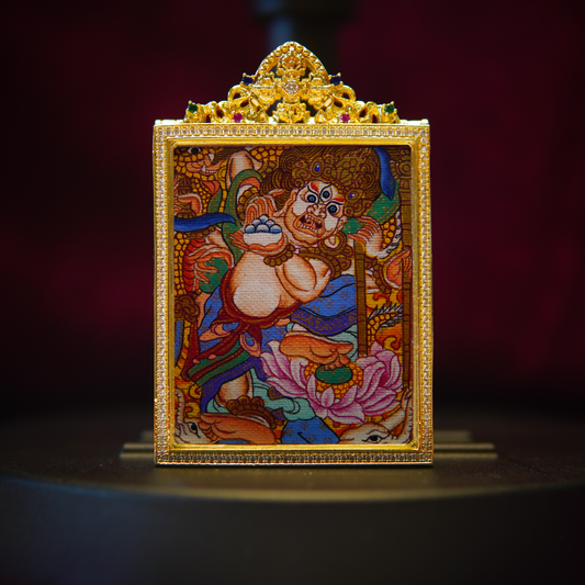 White Six-Armed Mahakala Pendant Necklace with Gold Frame, Tibetan Buddhist Protector Jewelry.