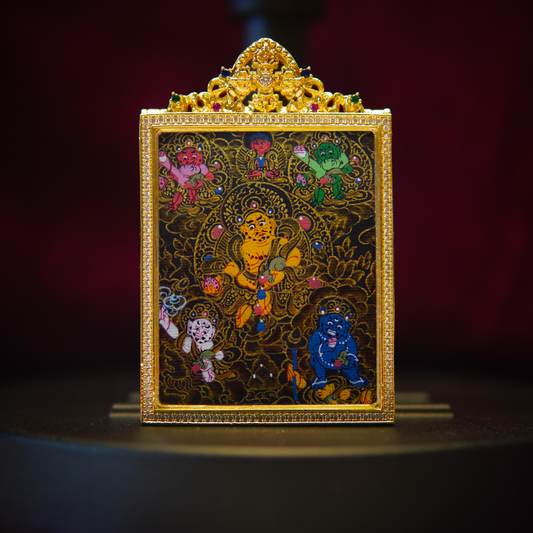 Authentic Six-Road God of Wealth Thangka Pendant Necklace featuring vibrant deities, Tibetan Buddhist art, and 24K gold craftsmanship for fortune and protection.