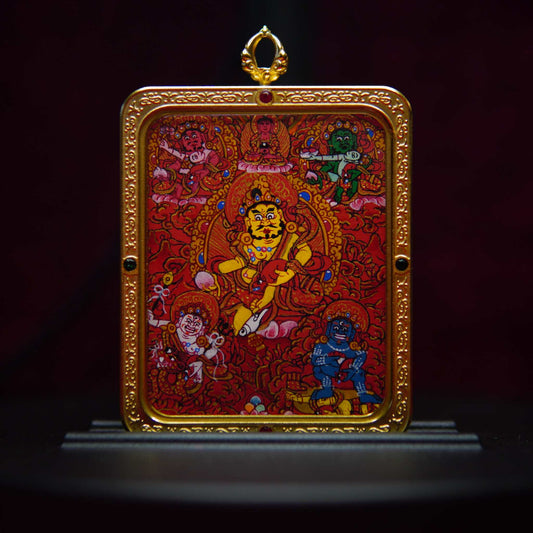 Hand-Painted Red Thangka Pendant featuring Six Directions Wealth Gods, vibrant silk with 24K gold accents, symbolizes Tibetan Buddhist prosperity and good fortune.