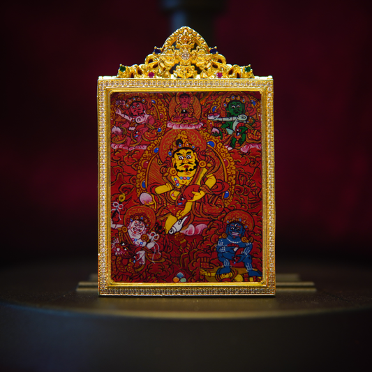 Hand-painted red Thangka pendant depicting Six Directions Wealth Gods, featuring vibrant deities and 24K gold detailing on crimson silk for prosperity.