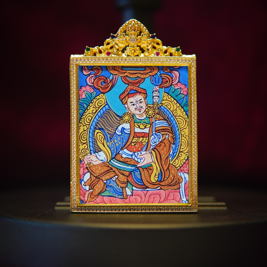Tibetan Guru Rinpoche Pema Jungne Thangka pendant with golden frame – spiritual Buddhist amulet necklace