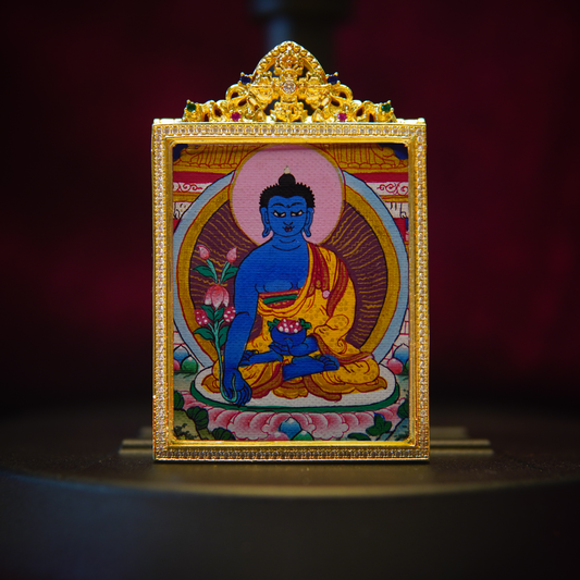 Hand-painted Tibetan Medicine Buddha Thangka Necklace with antique gold frame showcasing vibrant depiction of Bhaishajyaguru, enhancing spiritual healing and wellness.
