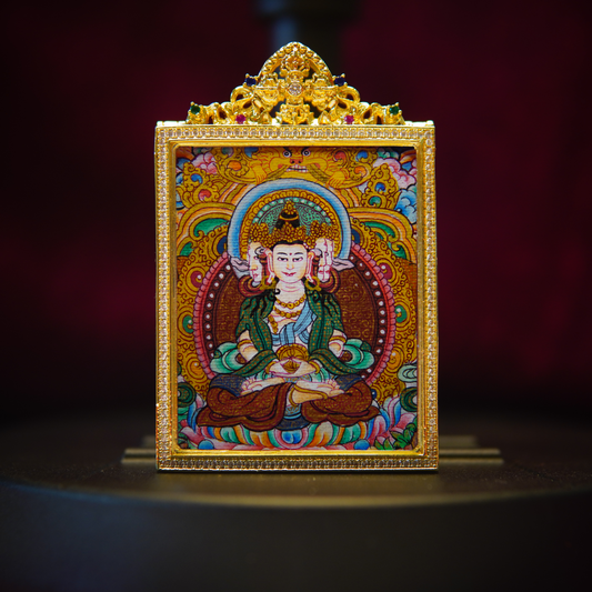 Hand-painted Vairocana Buddha Thangka pendant with intricate gold detailing, spiritual amulet jewelry.