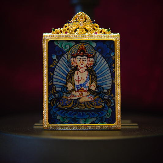 Vairocana Buddha Thangka pendant necklace with intricate detailing and cosmic imagery.