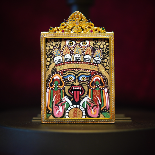 Zachyi Lhamo Tibetan thangka pendant in golden frame – fierce protective amulet necklace with wrathful goddess
