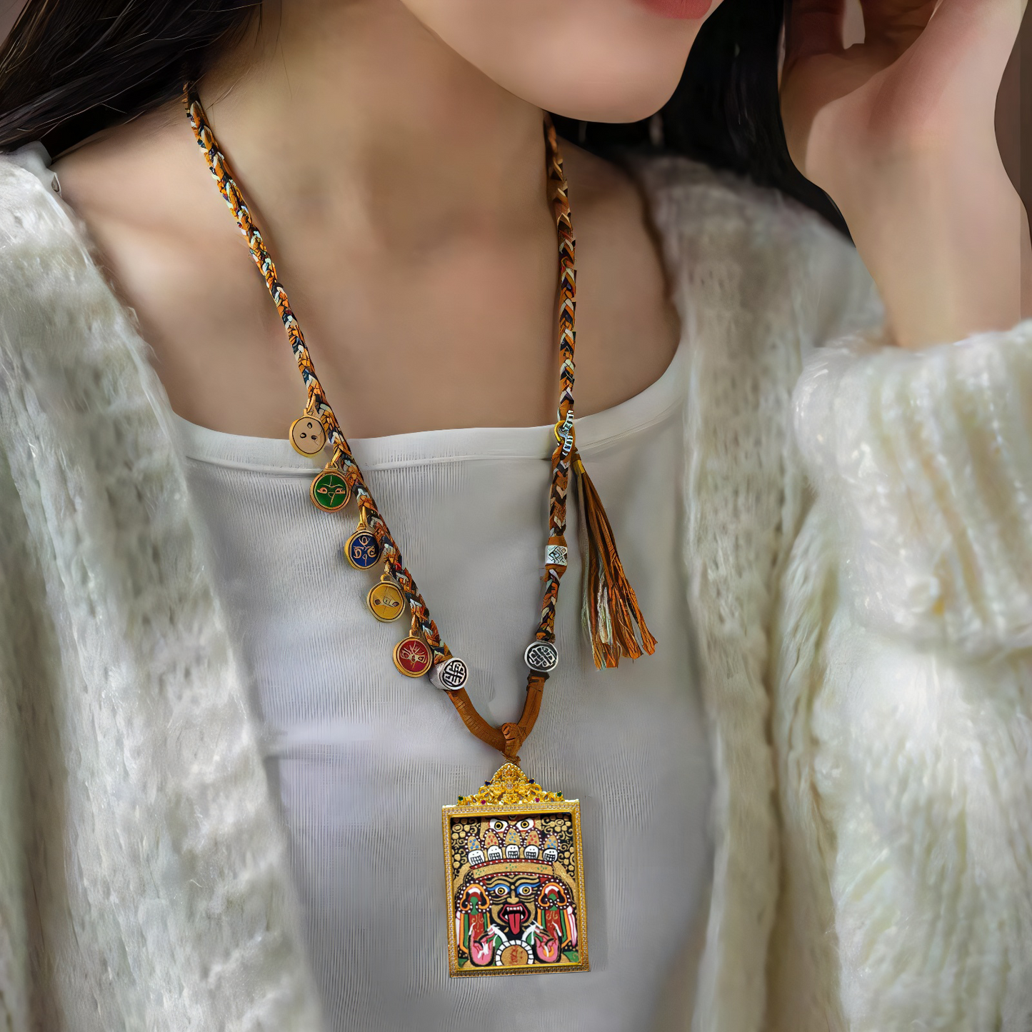 Zachyi Lhamo Tibetan thangka pendant in golden frame – fierce protective amulet necklace with wrathful goddess