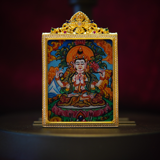 Four-Armed Avalokiteshvara hand-painted necklace, sacred Tibetan Buddhist pendant, vibrant lotus and celestial backdrop, gold frame detailing.