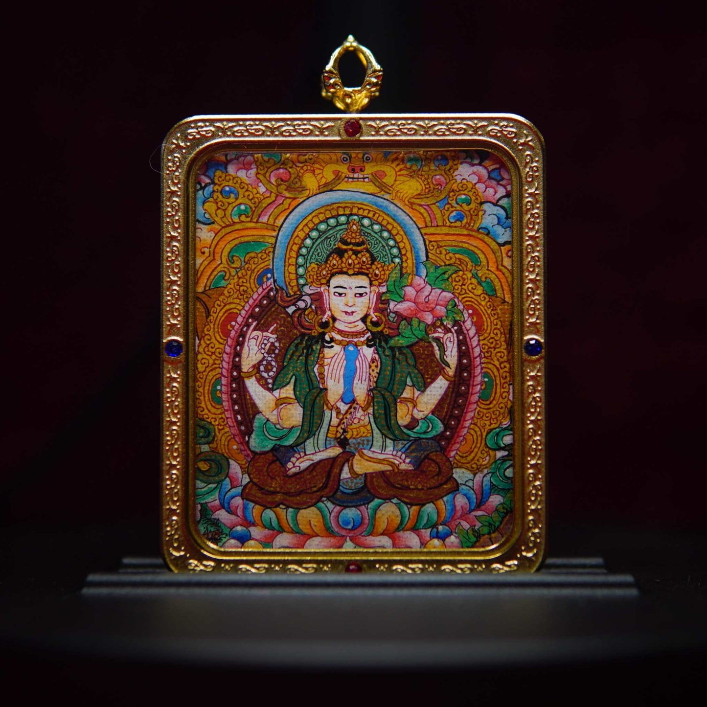 Avalokiteshvara Thangka Pendant - Gemstone-Studded Buddhist Art