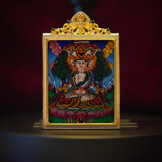 Hand-painted Vairocana Buddha thangka pendant with intricate Tibetan art, featuring the Buddha on a lotus throne amidst a serene Himalayan landscape.