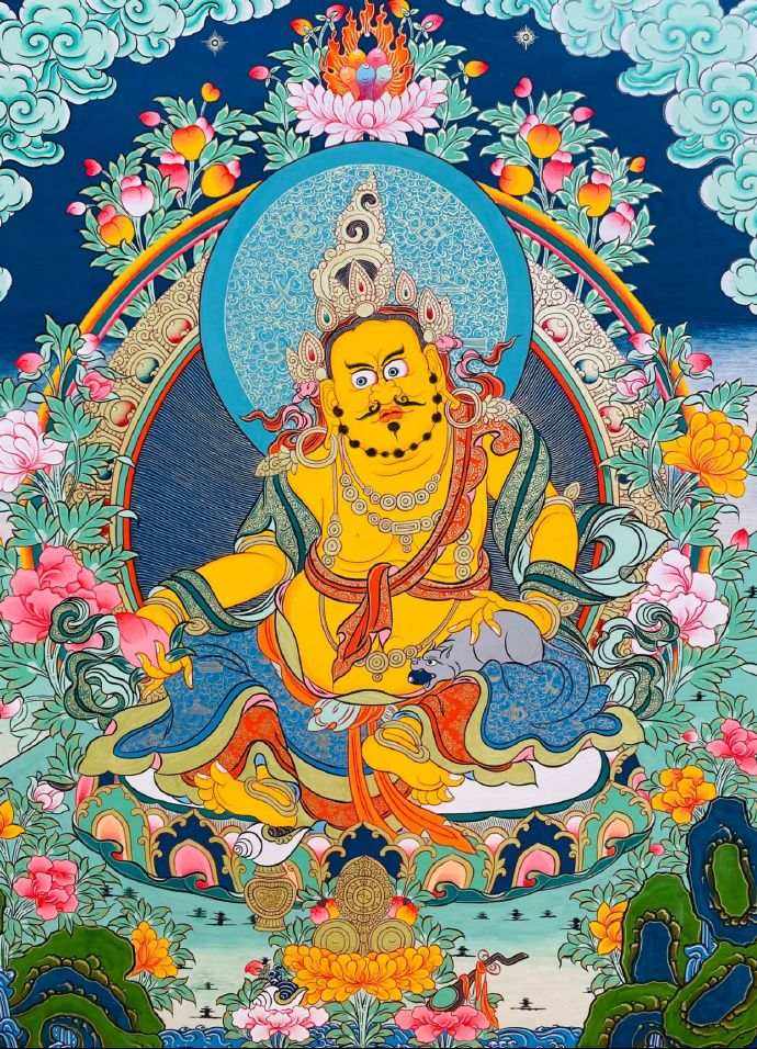 Tibetan monk holding a rare antique Thangka art painting with gold detailing